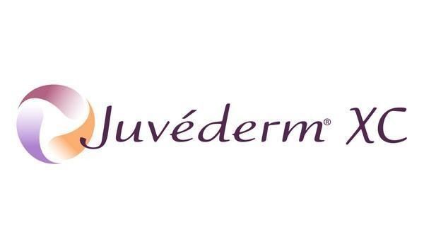 Juvederm XC logo with a swirling purple and orange design. Text is in a dark gray.