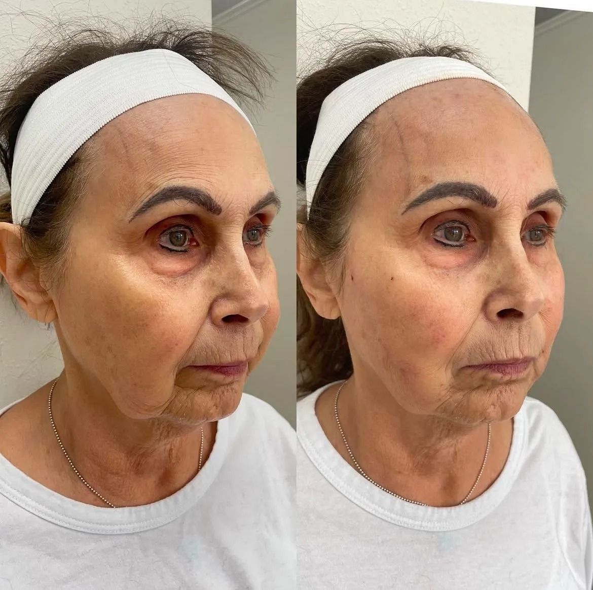 A woman with a white headband, and a white shirt.