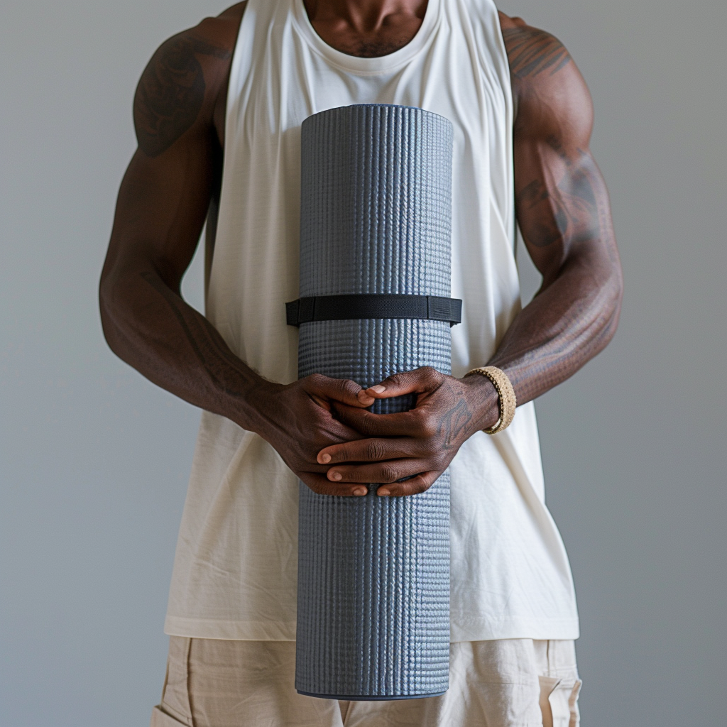 Man with dreadlocks in black workout clothes sitting in a butterfly stretch.