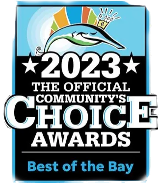 2023 Best of the Bay community awards badge with dolphin wearing crown. Blue, black, and white colors.