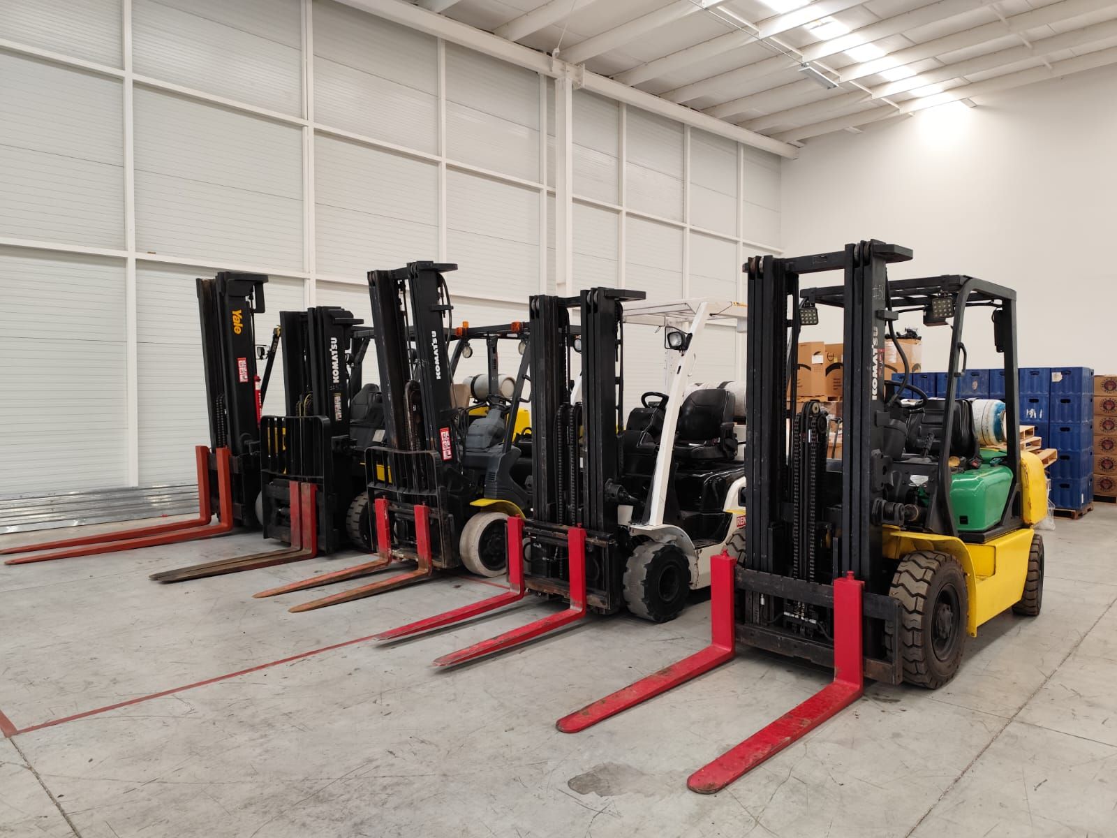 Una fila de carretillas elevadoras están estacionadas en un almacén.