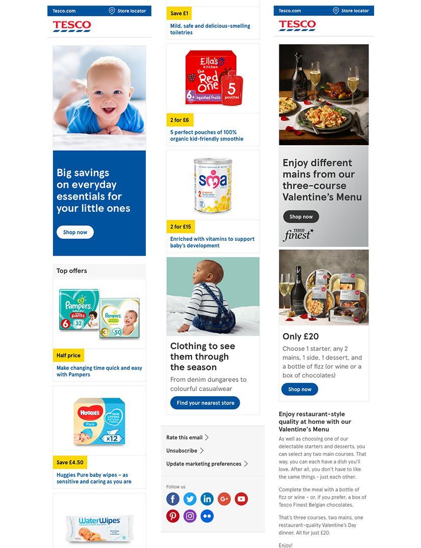 Tesco email with baby products on the left, wine and food on the right.