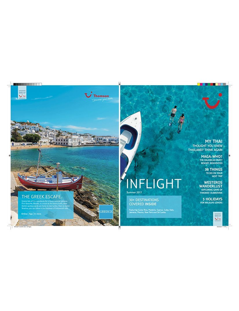 Magazine spread: beach scene with boat and town; turquoise water, people swimming near boat.