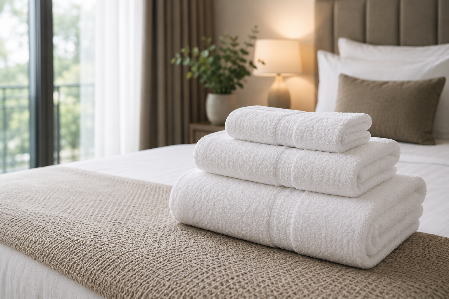Set of white bath towels on a bed 