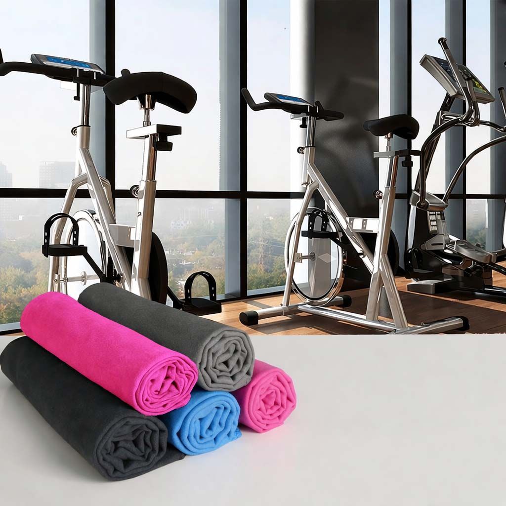 Folded Super-Soft XXL Gym Towels on a table in a gym