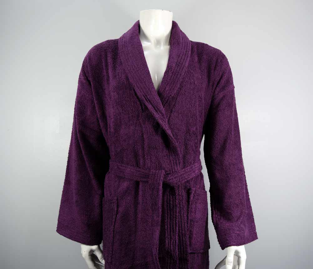 An aubergine coloured towel bathrobe on a mannequin