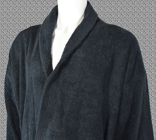 A black coloured towel bathrobe on a mannequin