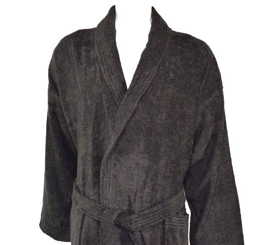 A dark chocolate coloured towel bathrobe on a mannequin