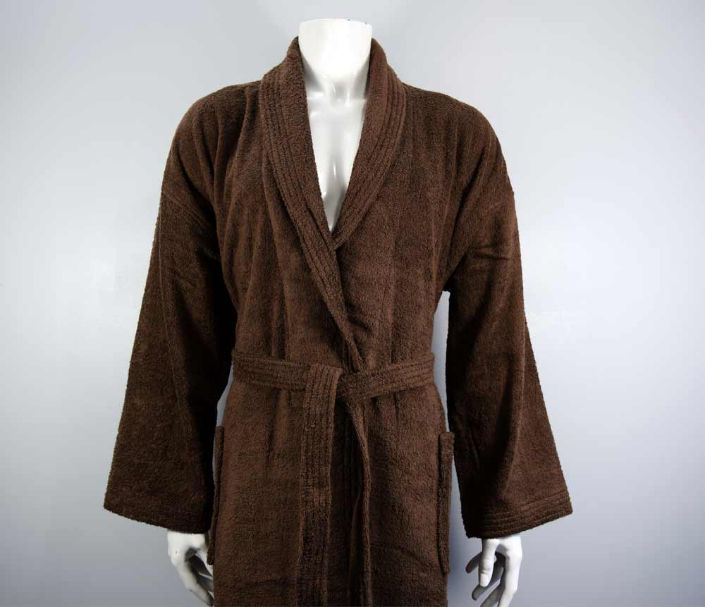 A light chocolate coloured towel bathrobe on a mannequin