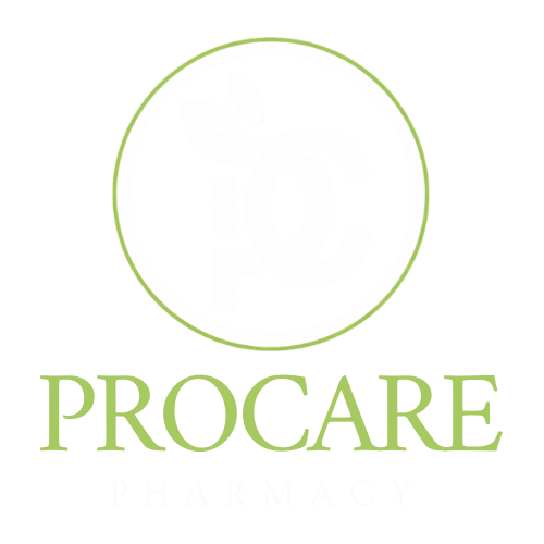 Logo for Procare Pharmacy: green circle with PC initials and leaves, text below.