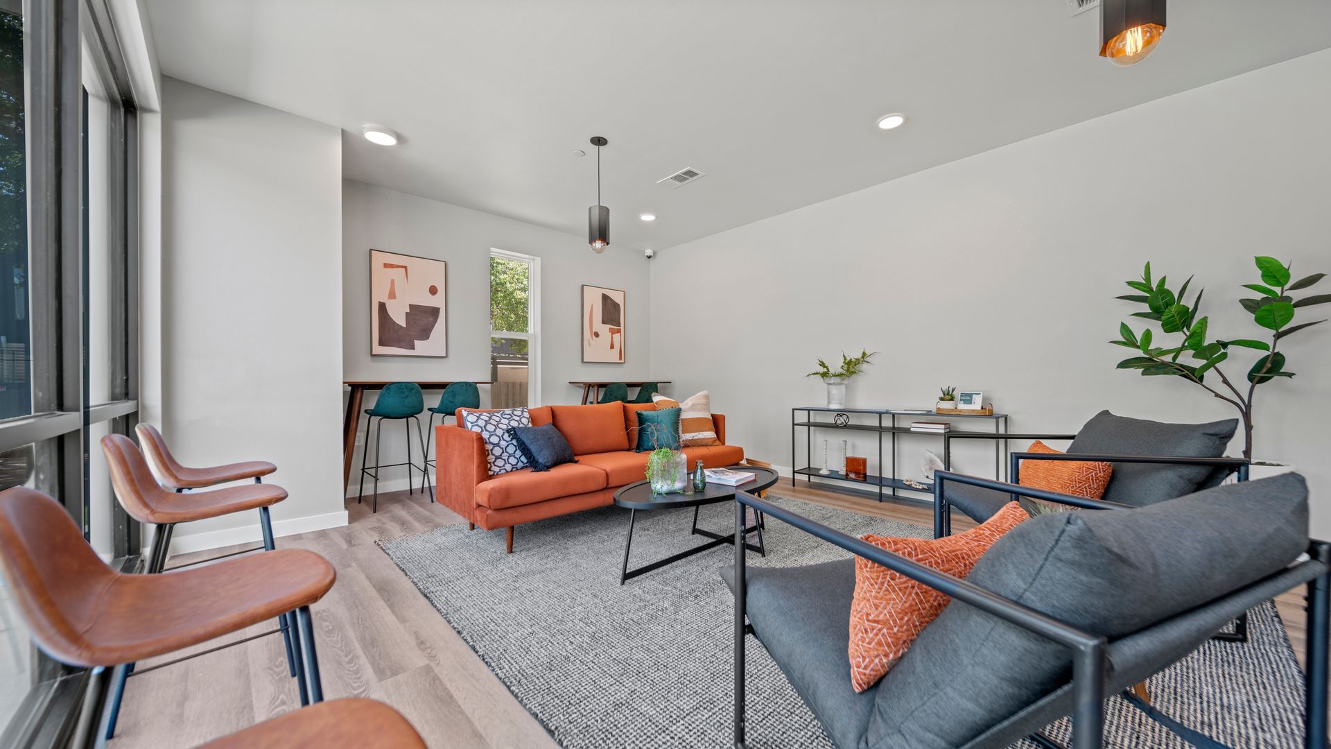 Modern living room with orange sofa, gray chairs, patterned rug, and indoor plants