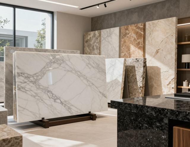 Muestra de mármol, cantera y granito premium en un showroom de León