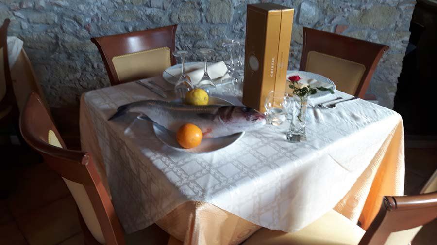 piatto con grosso pesce fresco appoggiato sul tavolo