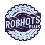 Logo for Robhots Plus edible company in light blue and dark blue.