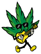 Green cannabis leaf character with sunglasses playing a yellow ukulele.