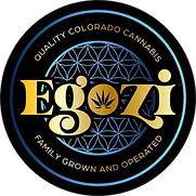 Logo for Egozi: A cannabis company, family grown, quality Colorado cannabis. Dark blue and gold circular design.