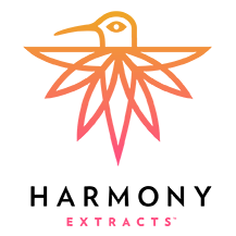 Logo: Hummingbird over cannabis leaf design, gradient orange/pink;