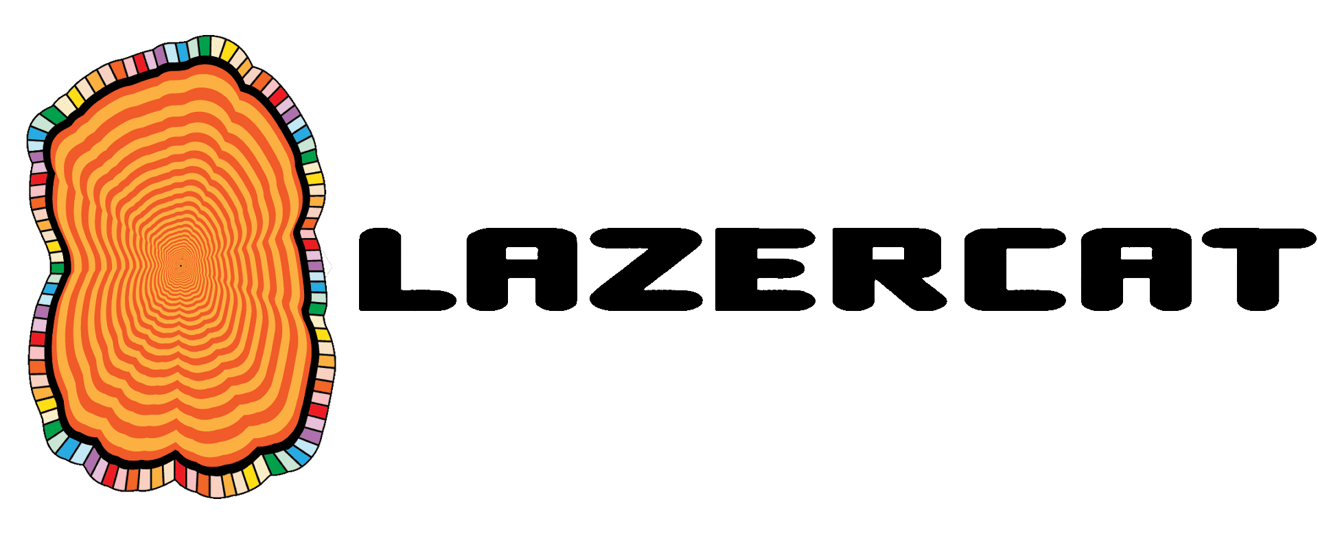 Logo: orange wood slice illustration with colorful border,