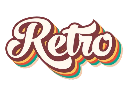 Retro word in a retro-style font with layered shadow effect in shades of brown, orange, and green.