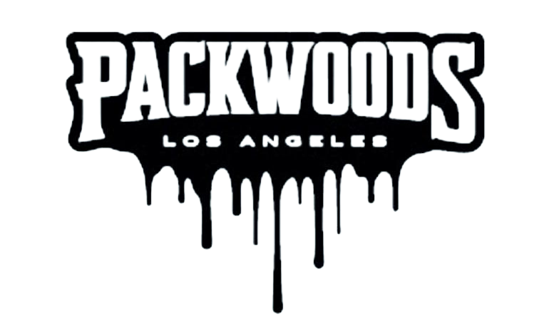 Packwoods Los Angeles logo with dripping paint effect. Black and white.