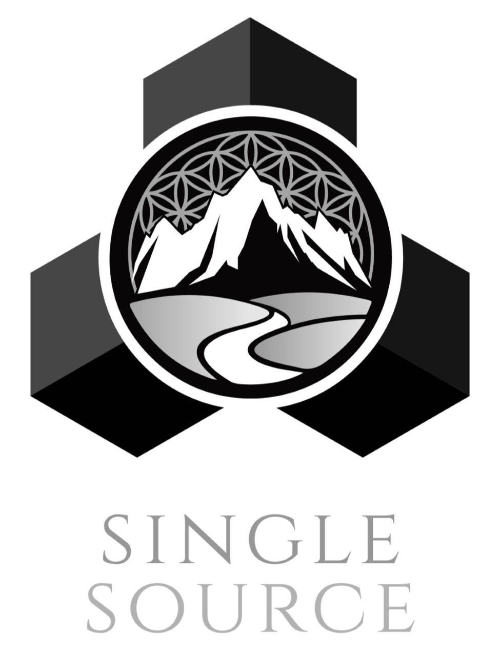 Logo with mountains, river, geometric shapes and text