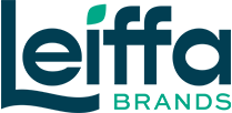 Leiffa Brands logo with teal and green text, includes a leaf icon.
