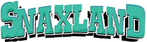 Snaxland logo in teal with a white outline and black shadow.
