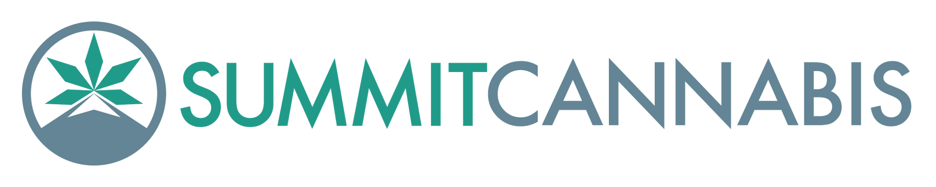 Logo of Summit Cannabis with a cannabis leaf in a circle. The text is in teal.