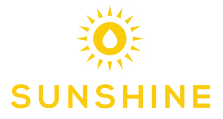 Yellow sunburst logo with a water droplet, text reads