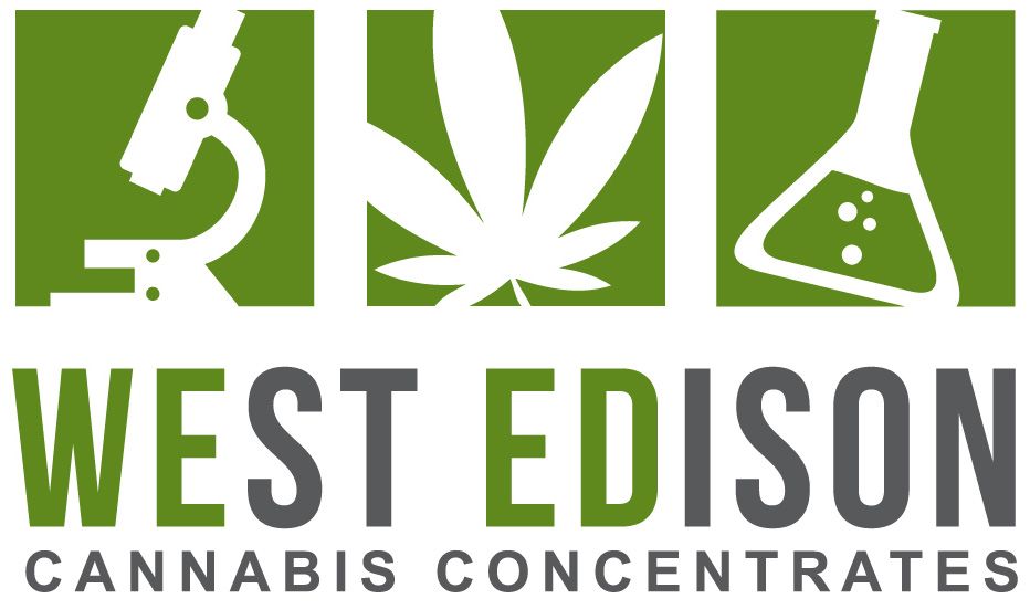 Logo for West Edison Cannabis Concentrates: green squares with microscope, cannabis leaf, and lab flask; text