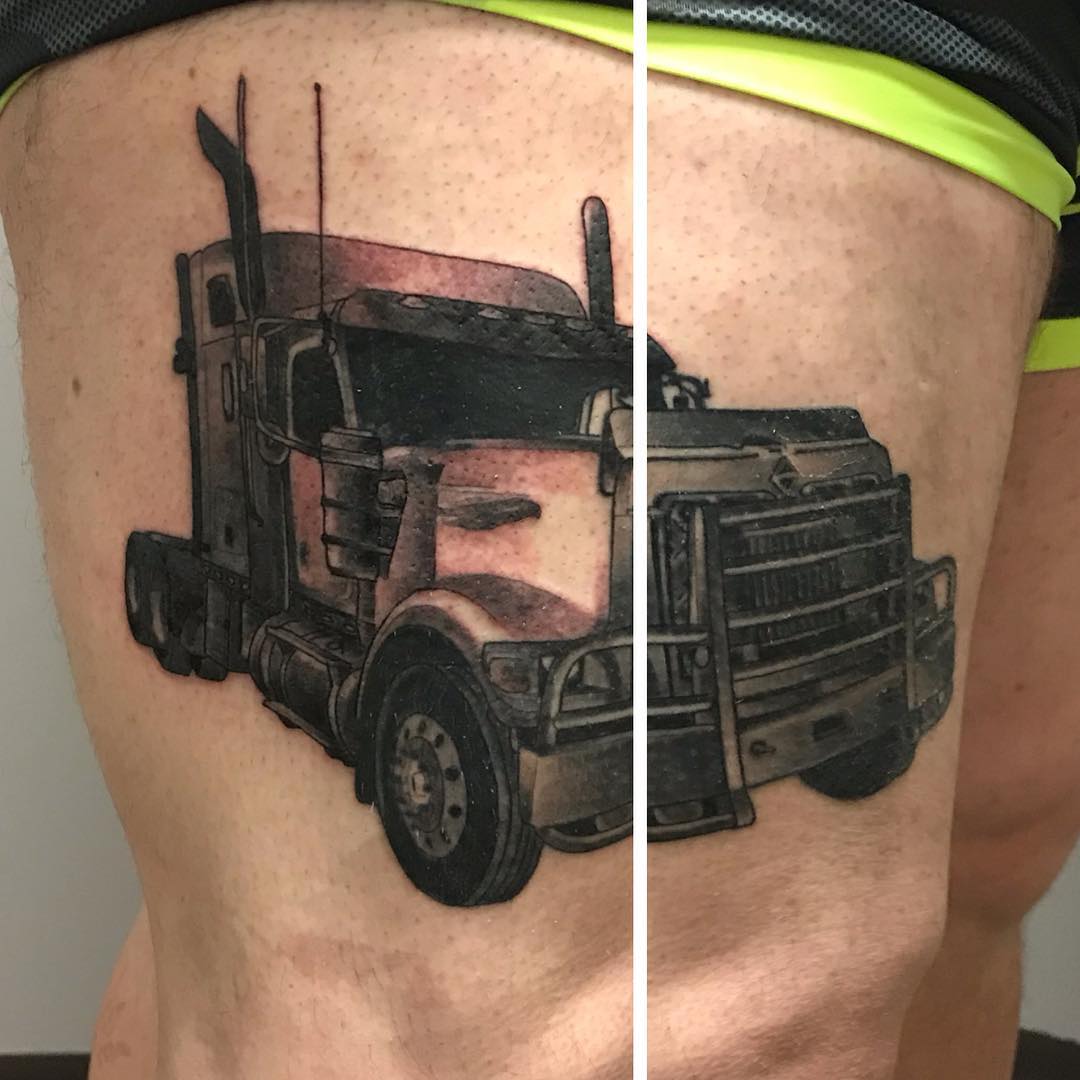 Truck Tattoo by Trevor Pelletier at Black Gold Tattoo Co in Edmonton Alberta Canada