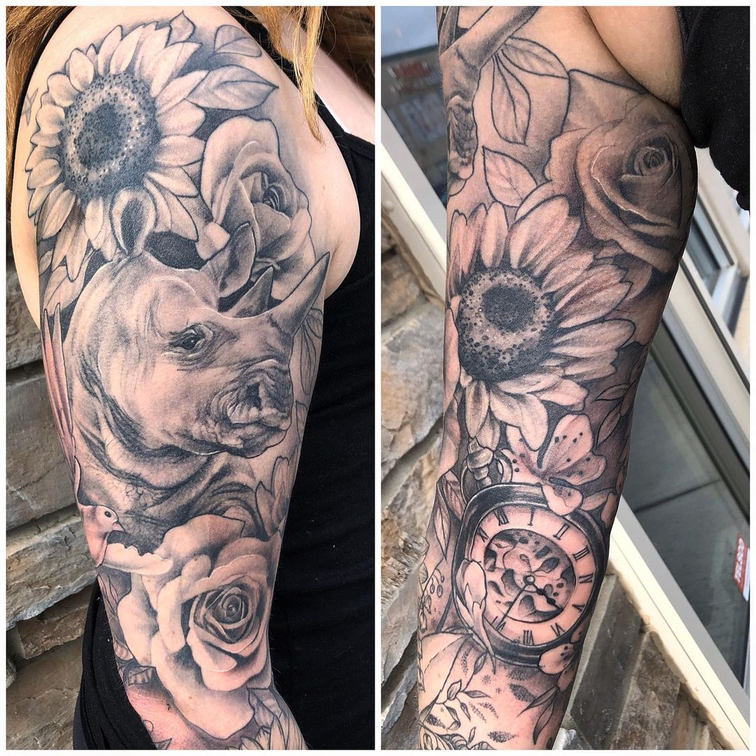 Rhino and Floral Tattoo by Sarah Michelle at Black Gold Tattoo Co in Edmonton Alberta Canada