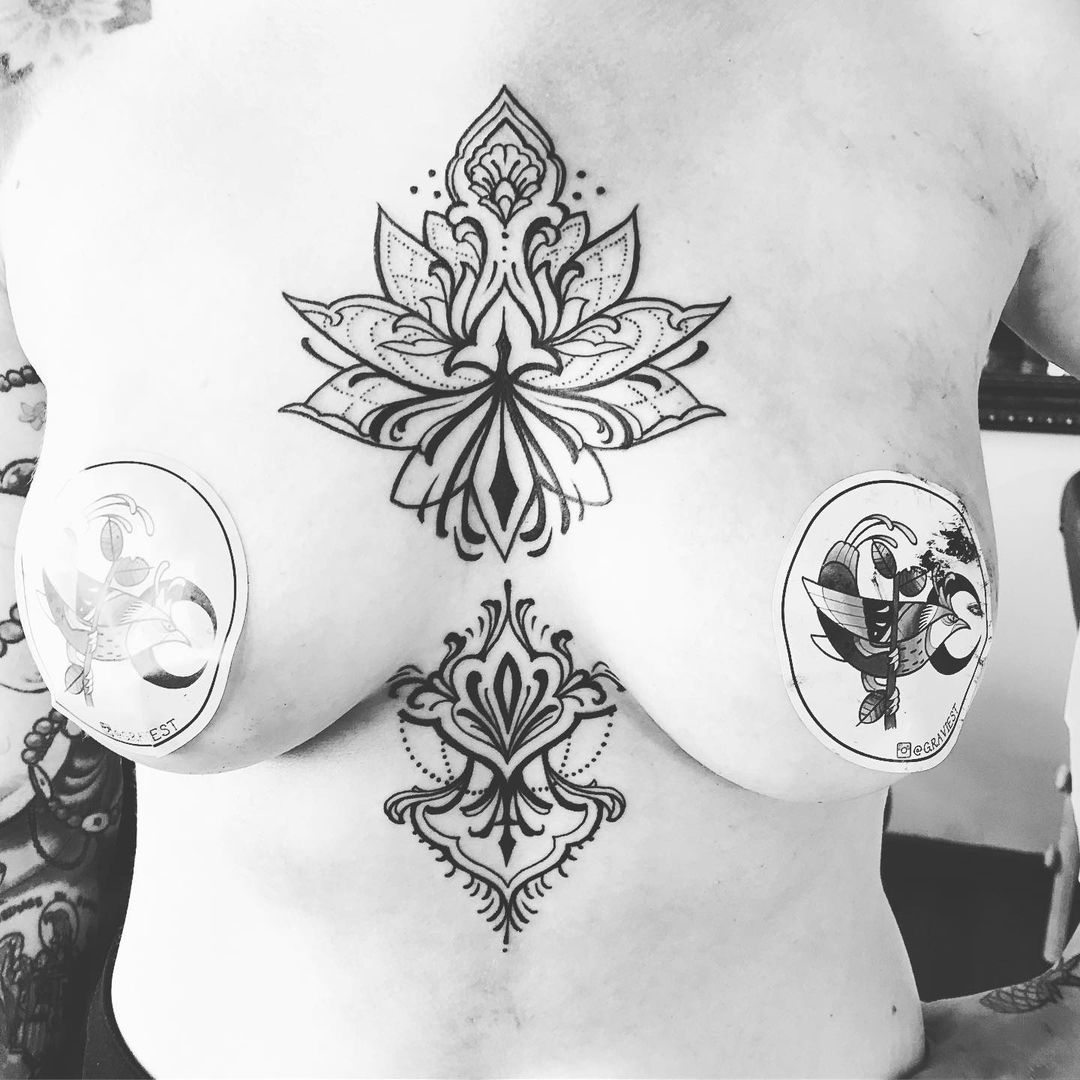 Ornamental Sternum Tattoo by Amber Strange at Black Gold Tattoo Co in Edmonton Alberta Canada