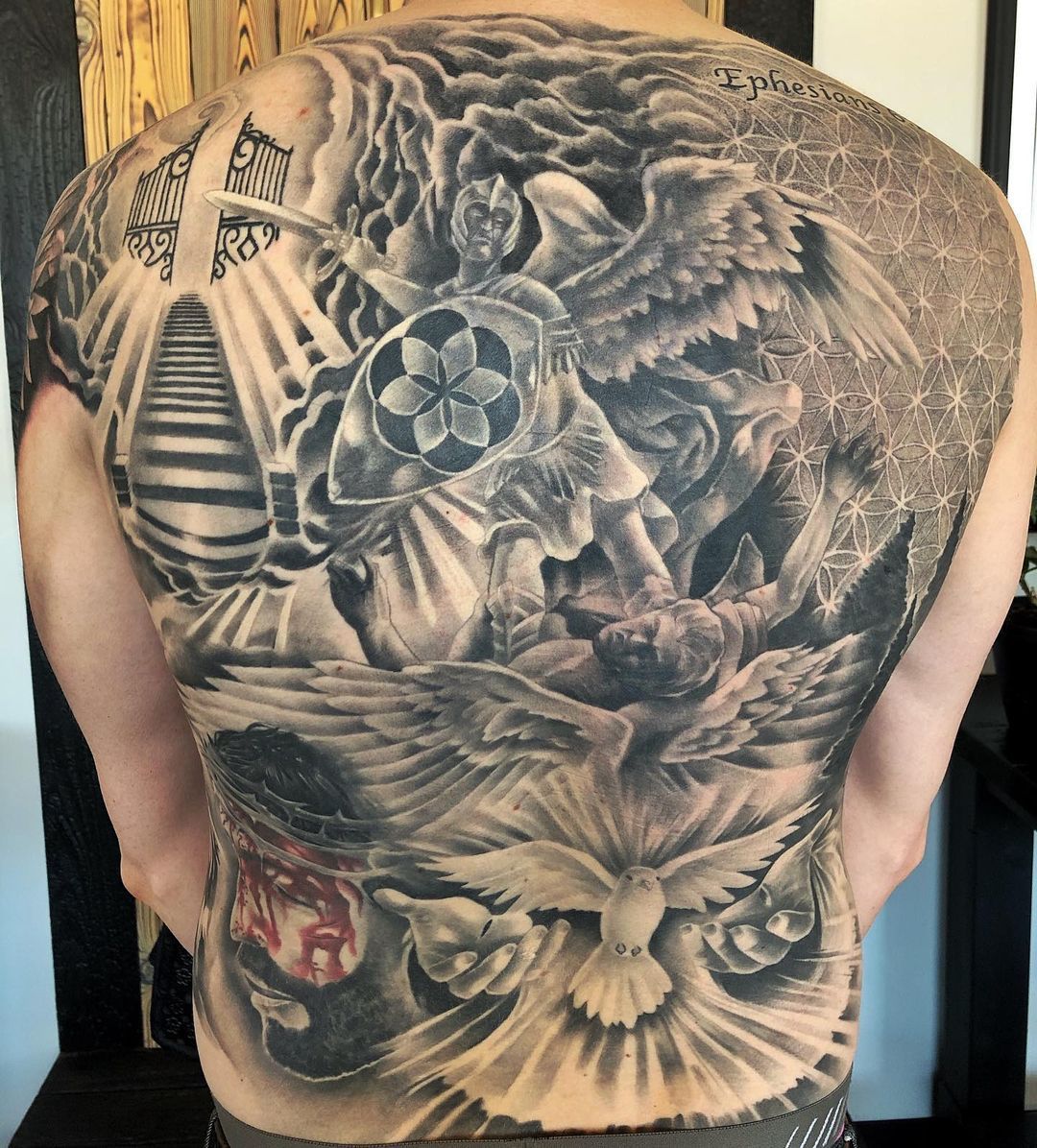 St. Michael Back Piece by Chad Lavers at Crimson Empire Tattoo in Edmonton Alberta Canada