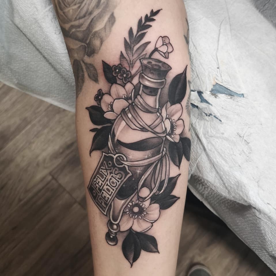 Harry Potter Potion Tattoo by Sasha Day at Black Gold Tattoo Co in Edmonton Alberta Canada