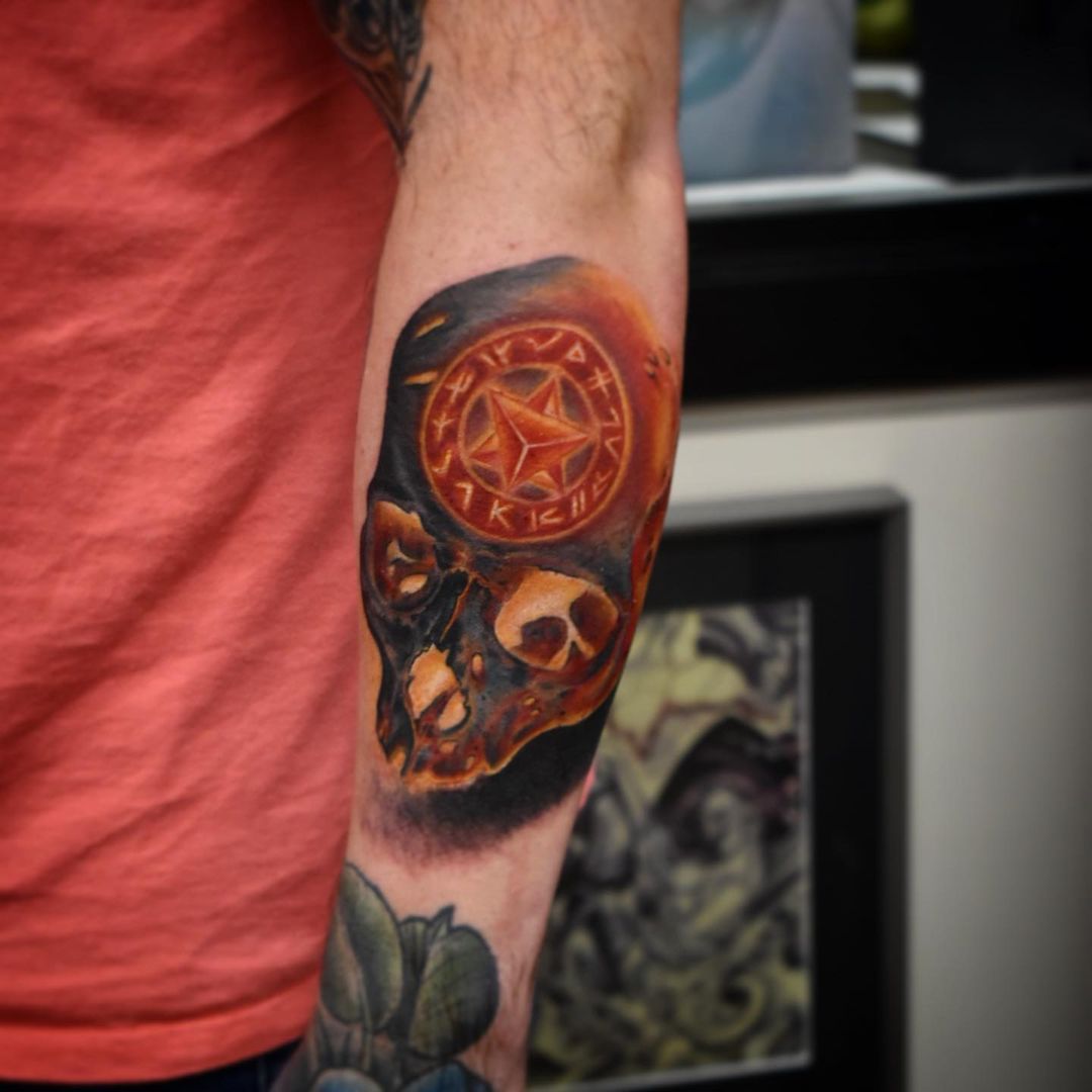 Skull Tattoo by Amber Strange at Black Gold Tattoo Co in Edmonton Alberta Canada