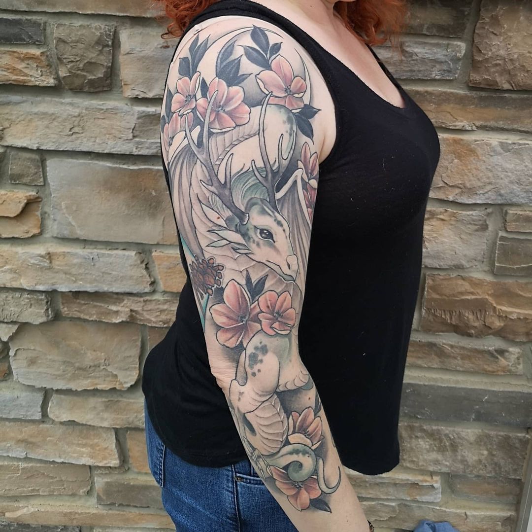 Dragon and Floral Sleeve by Sasha Day at Black Gold Tattoo Co in Edmonton Alberta Canada