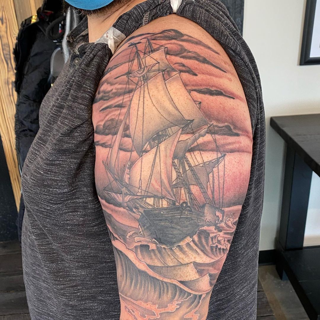 Ship at Sea Tattoo by Dale Moostoos at Crimson Empire Tattoo in Edmonton Alberta Canada