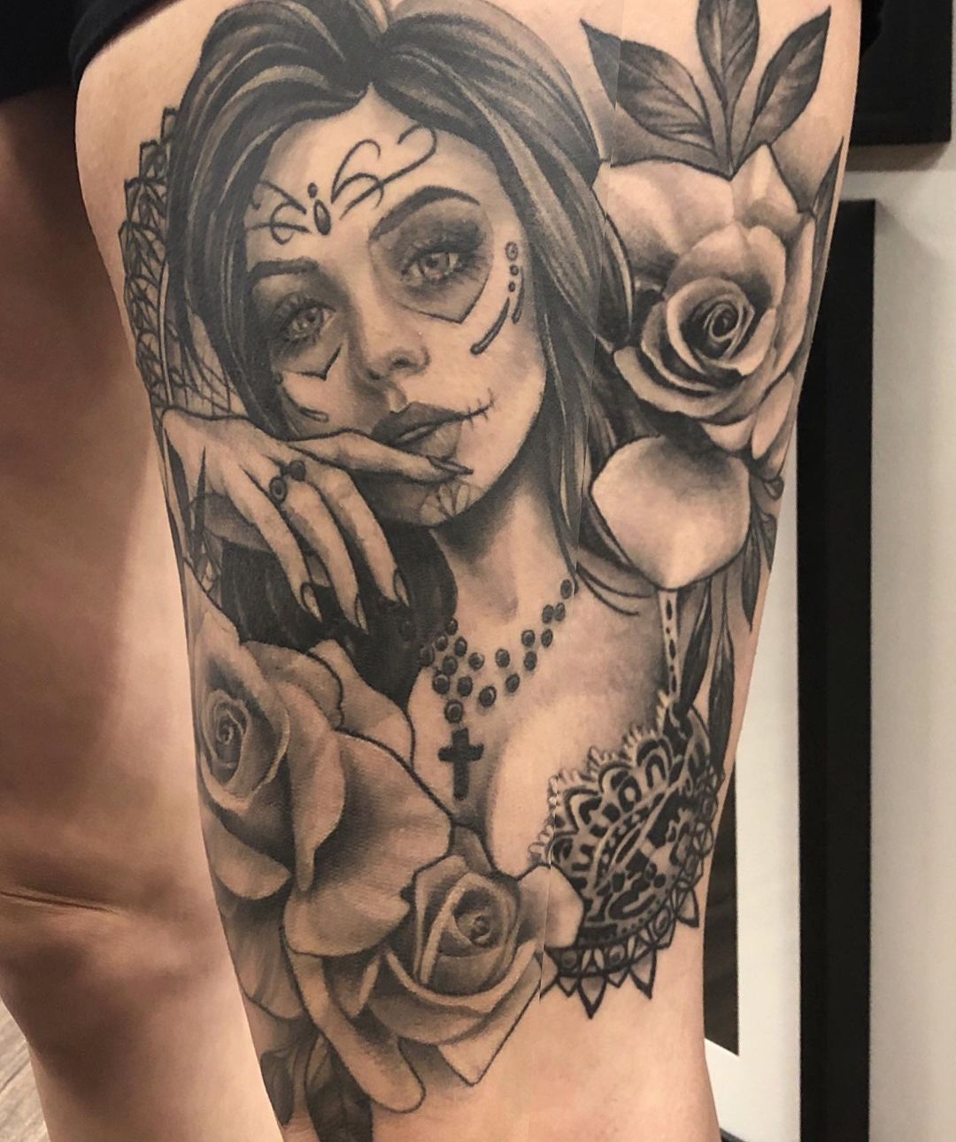 Day of the Dead Lady Tattoo by Sarah Michelle at Black Gold Tattoo Co in Edmonton Alberta Canada