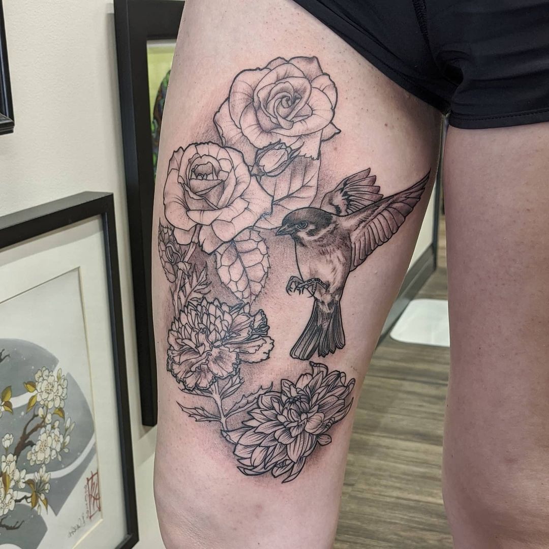 Floral and Bird Tattoo by Amber Strange at Black Gold Tattoo Co in Edmonton Alberta Canada