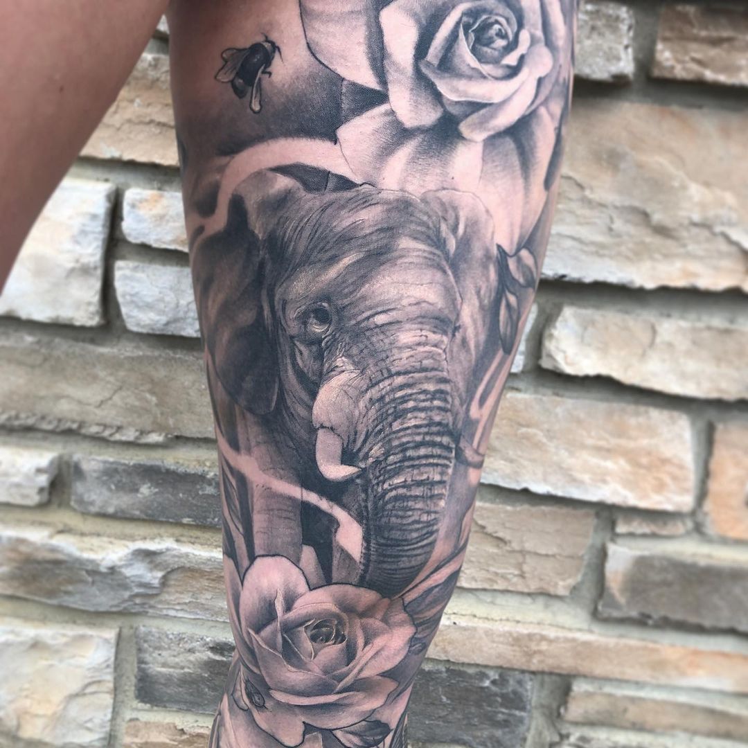 Elephant and Floral Tattoo by Sarah Michelle at Black Gold Tattoo Co in Edmonton Alberta Canada