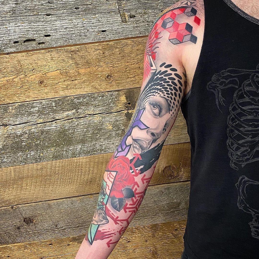 Abstract Geometric Sleeve by Dale Moostoos at Crimson Empire Tattoo in Edmonton Alberta Canada