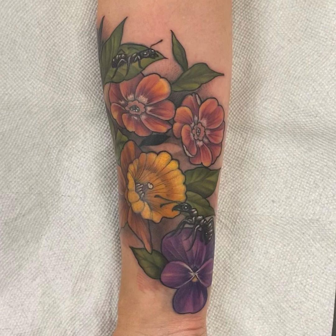 Ants and Floral Tattoo by Sasha Day at Black Gold Tattoo Co in Edmonton Alberta Canada