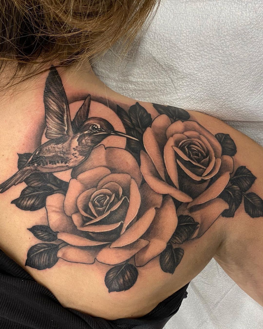 Hummingbird and Roses Tattoo by Sasha Day at Black Gold Tattoo Co in Edmonton Alberta Canada