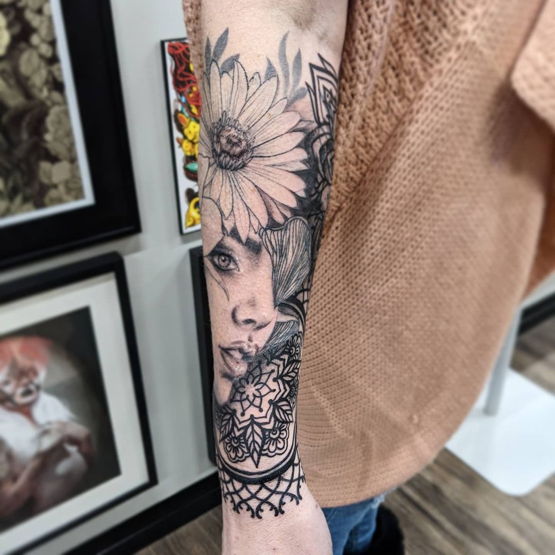 Lady Portrait, Mandala and Floral Tattoo by Amber Strange at Black Gold Tattoo Co in Edmonton Alberta Canada