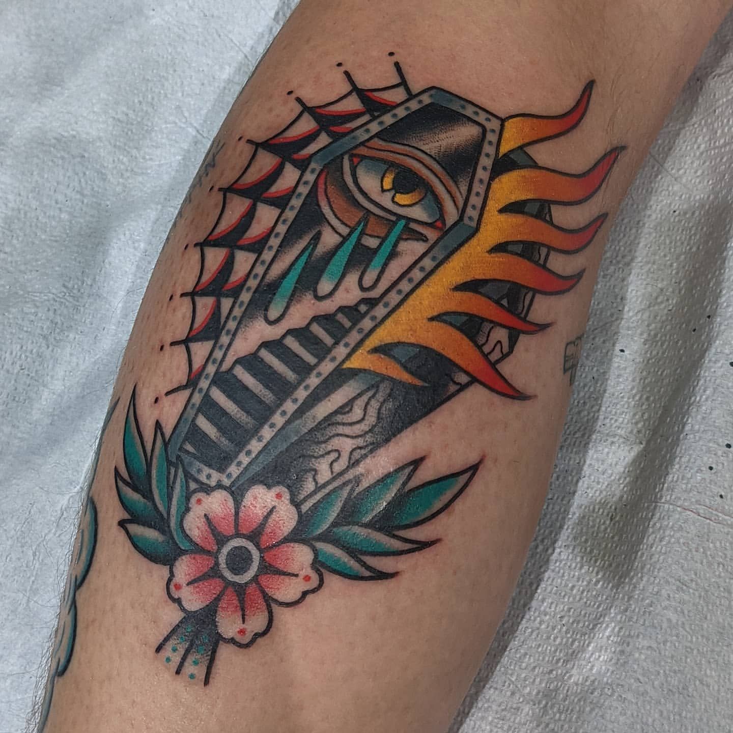 Coffin Tattoo by Chris Benson at Silver Ghost Tattoo in Edmonton Alberta Canada