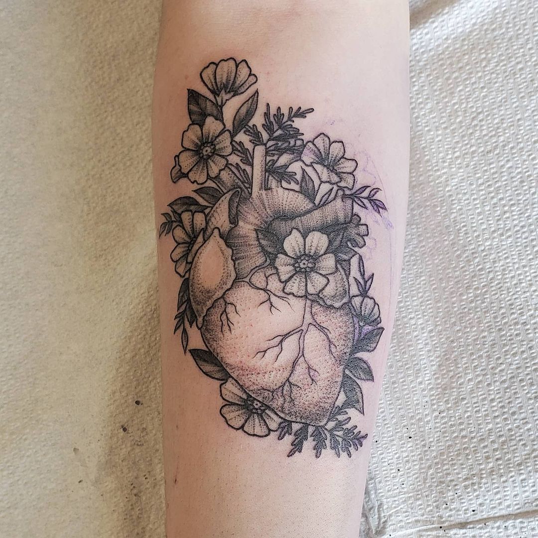 Anatomical Heart and Floral Tattoo by Adrienne Alexander at Crimson Empire Tattoo in Edmonton Alberta Canada