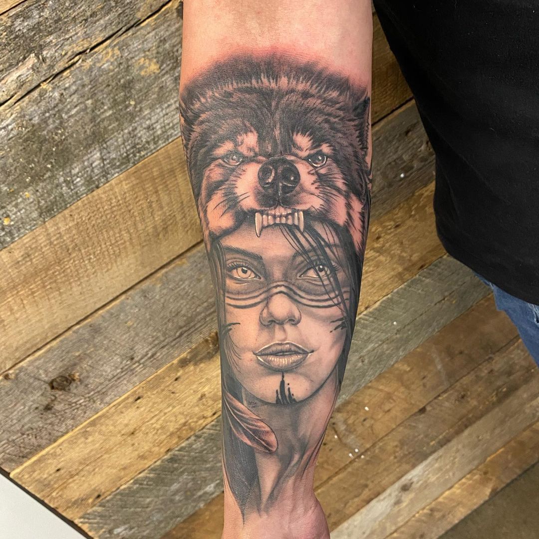 Huntress Tattoo by Dale Moostoos at Crimson Empire Tattoo in Edmonton Alberta Canada