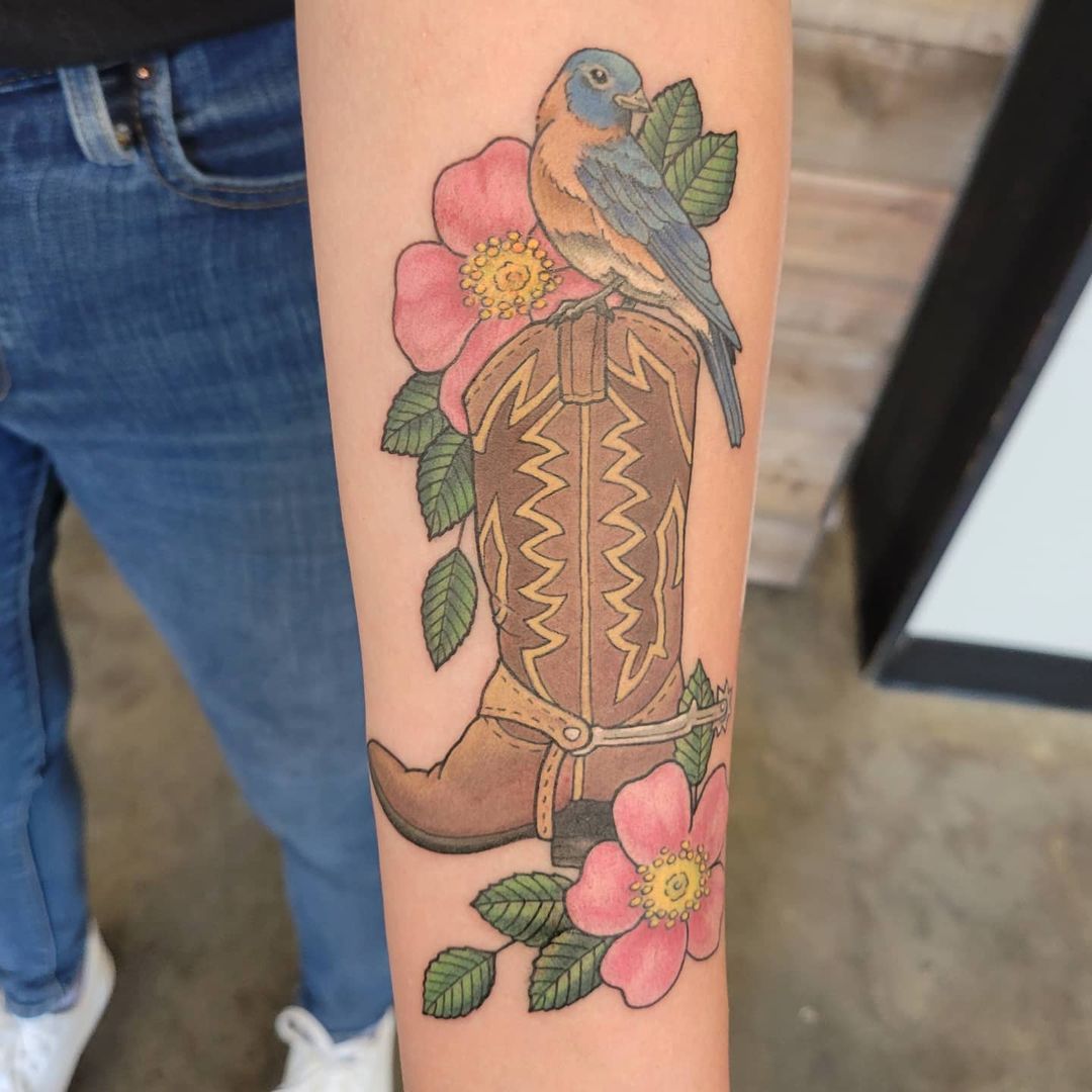Cowboy Boot, Bird and Floral Tattoo by Sheila Anderson at Crimson Empire Tattoo in Edmonton Alberta Canada