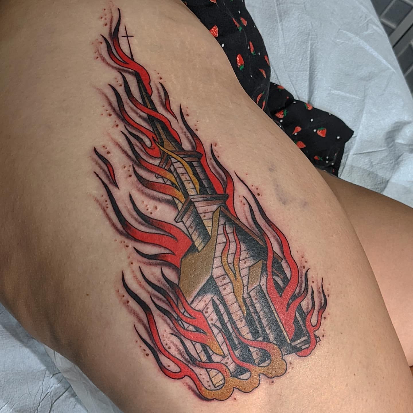 Burning Church Tattoo by Chris Benson at Silver Ghost Tattoo in Edmonton Alberta Canada